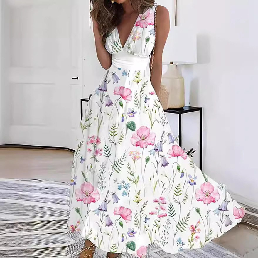 2023亚马逊欧美跨境女装夏季新款V领高腰无袖印花性感背心连衣裙