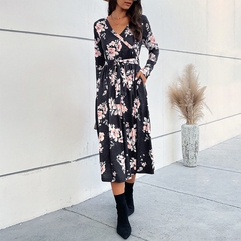 Floral Print Long Sleeve Dress V Neck Autumn Style Elegant Design Wholesale Womens Apparel low MOQ