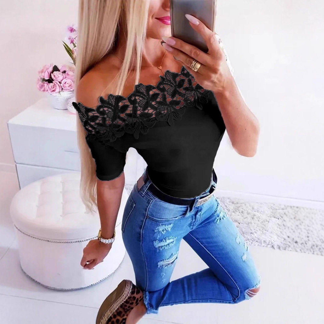 Womens Casual T Shirt Short Sleeve Lace Trim Solid Color Off Shoulder Design Perfect for Everyday Wear Wholesale