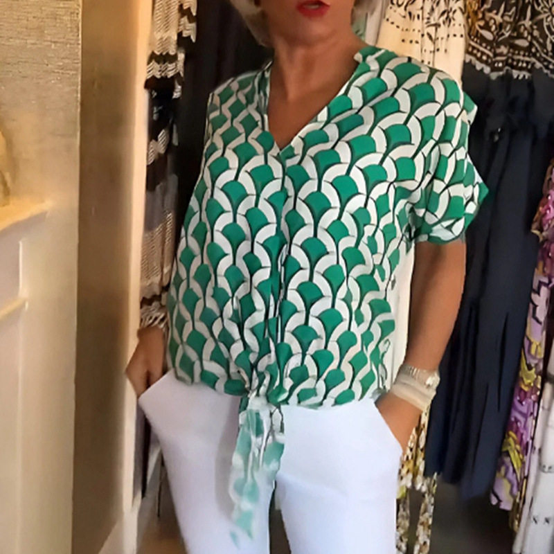 Elegant Floral Print V Neck Short Sleeve Blouse Summer Style Womens Fashion Top Wholesale Available