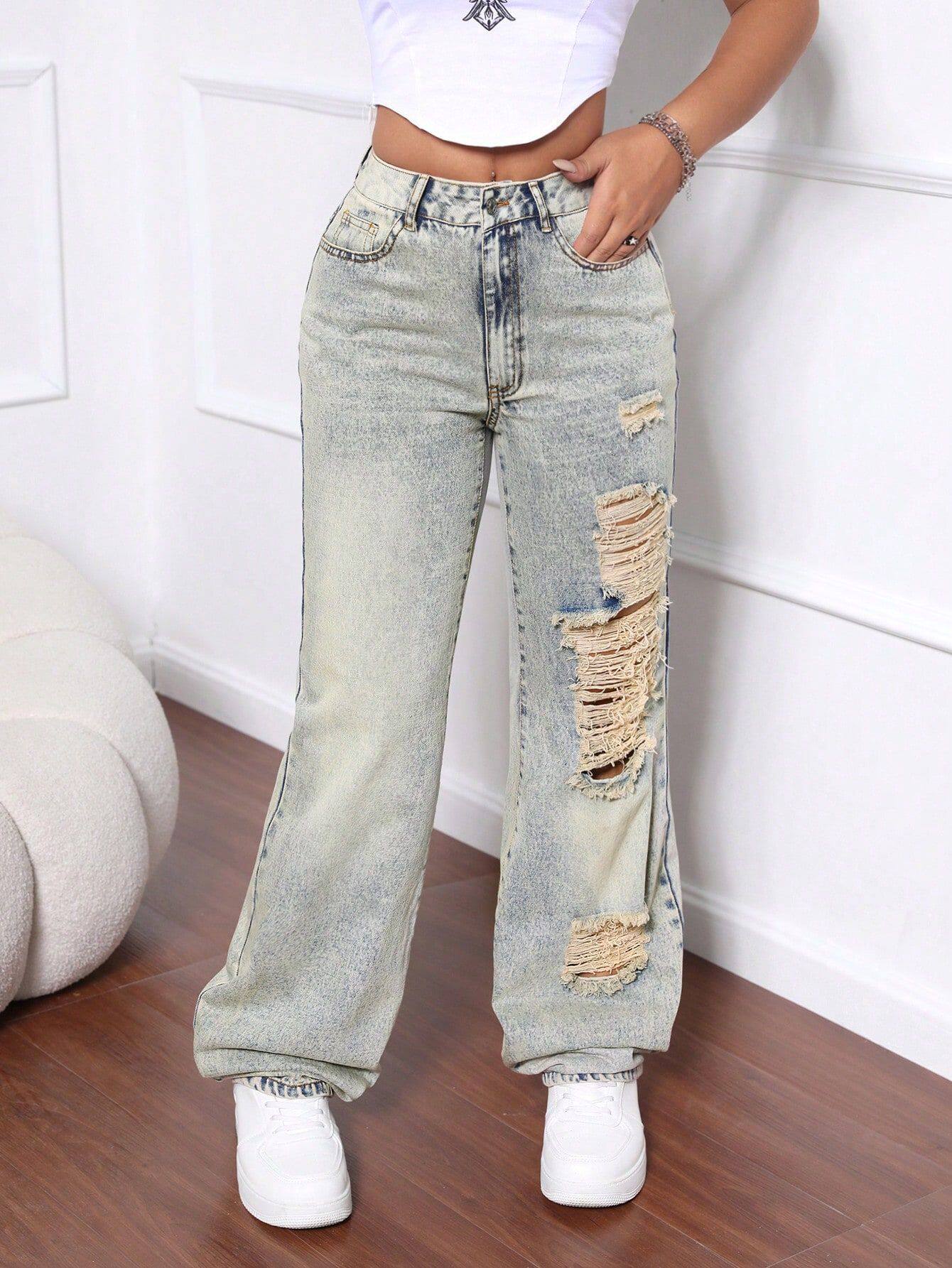 Womens Fashion Distressed Wide Leg Jeans Loose Fit Straight Cut Casual Style Perfect for Everyday Wear Wholesale