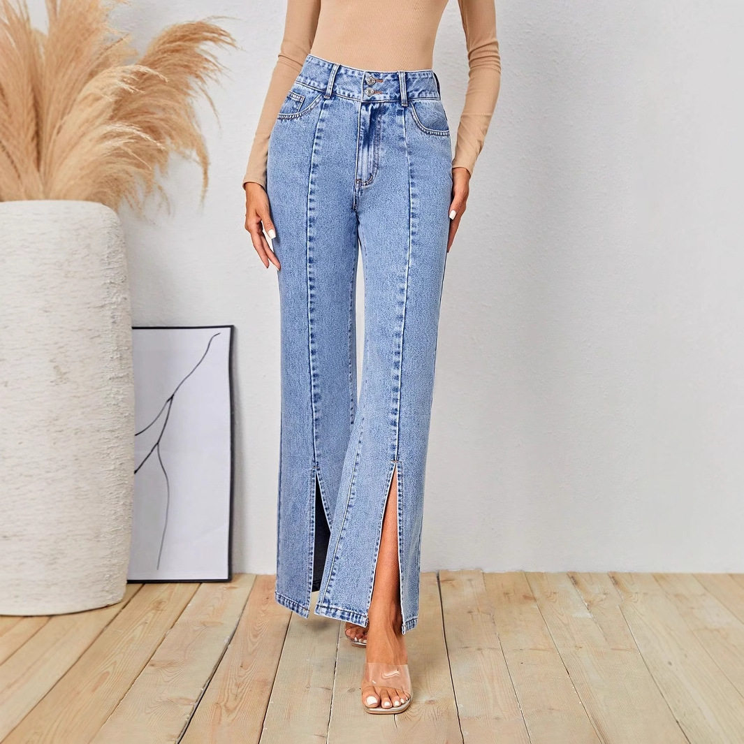 Womens Slim Fit High Slit Denim Pants Stylish Design Trendy Look Comfortable Fabric Perfect for Casual Outings