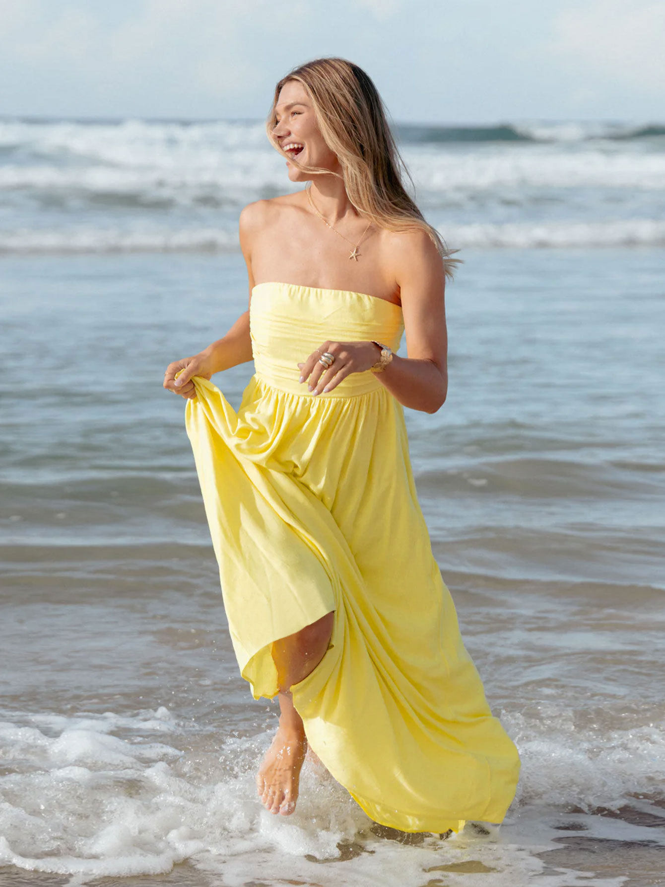 Chic Yellow Strapless Maxi Dress Elegant Sleeveless Summer Style Perfect for Petite Figures Wholesale Available