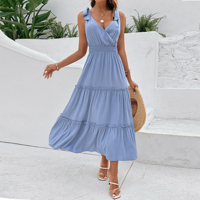 Summer Casual Dress Solid Color Ruffled Hem High Waist Sleeveless Beach Vacation Wear Wholesale Available