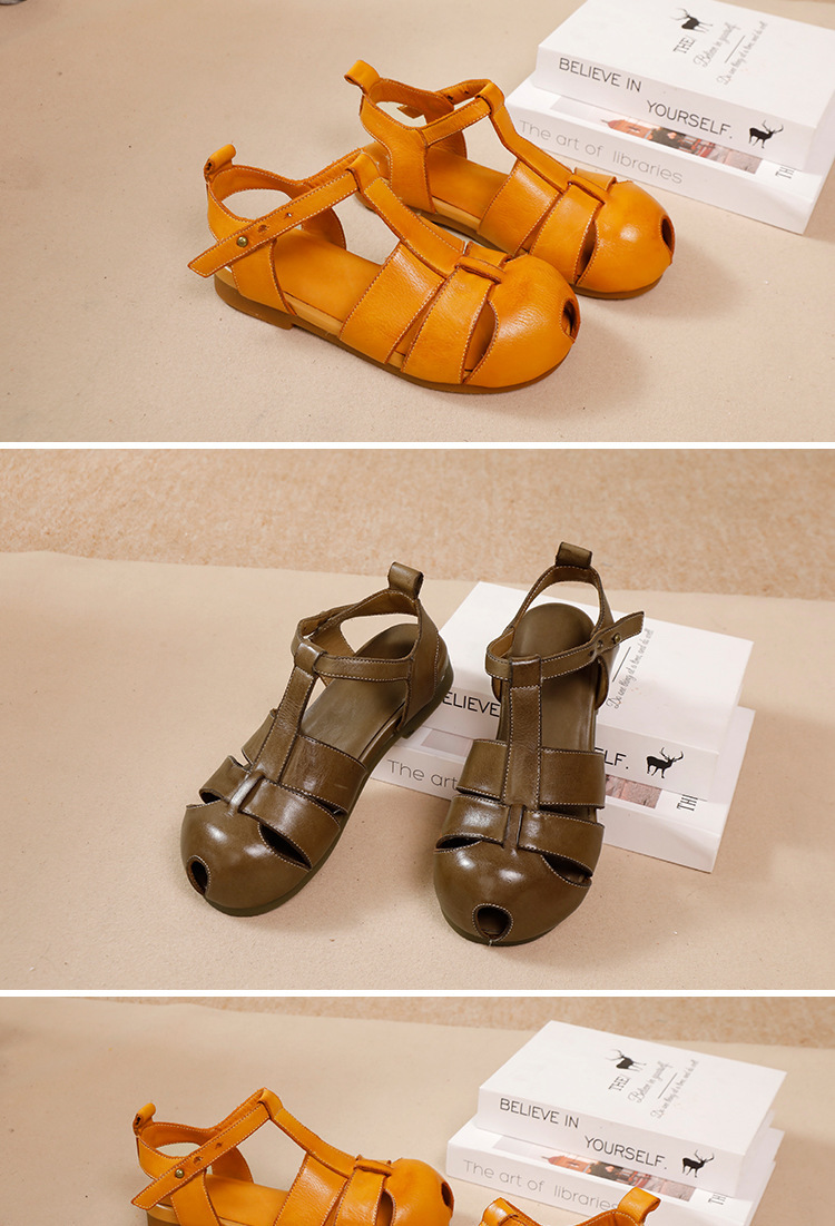Sandal nữ da bò thật quai ngang mũi cá đế bằng phong cách thanh lịch — Màu caramel, Màu kaki