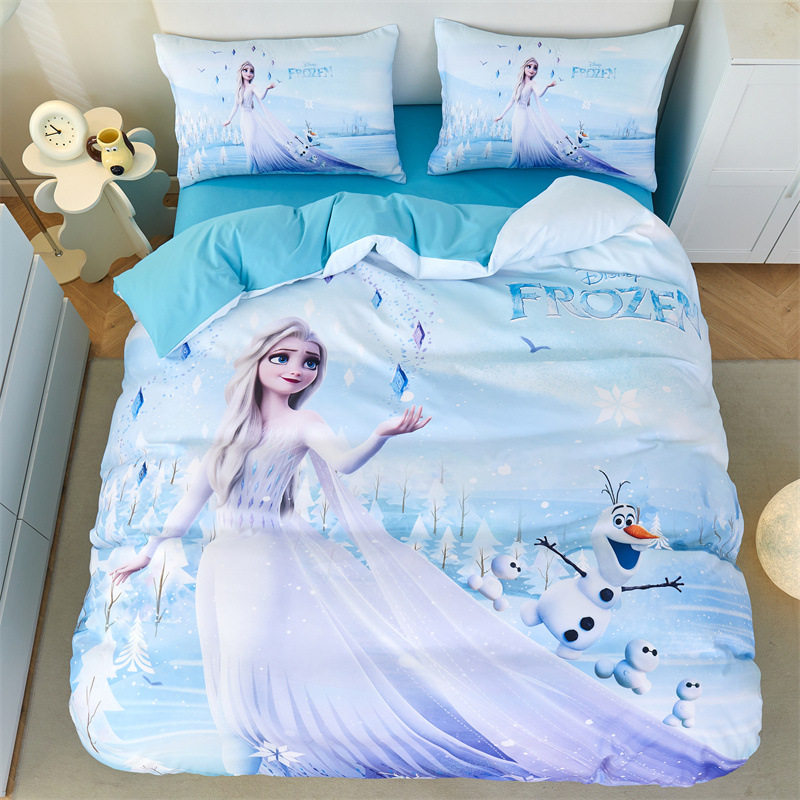 2024 New Frozen Cartoon Four-piece Set Princess Elsa Quilt Cover Bed Sheet Children Bedding Three-piece Set