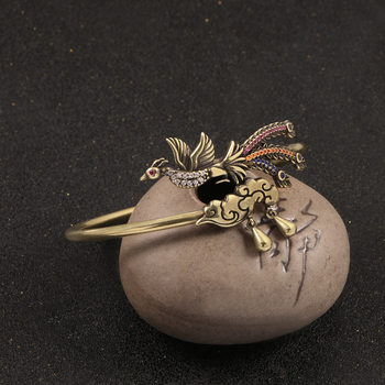 Retro Old Multicolored Phoenix Auspicious Cloud Brass Bracelet Women's Classical Bronze Bracelet National Trend Creative Antique Accessories