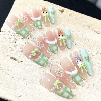 [Pastoral Bunny]Purely Handmade Wearable Nails, French Plaid Lace Skirt Style Nail Art, High-End Wearable Nail Products Wholesale