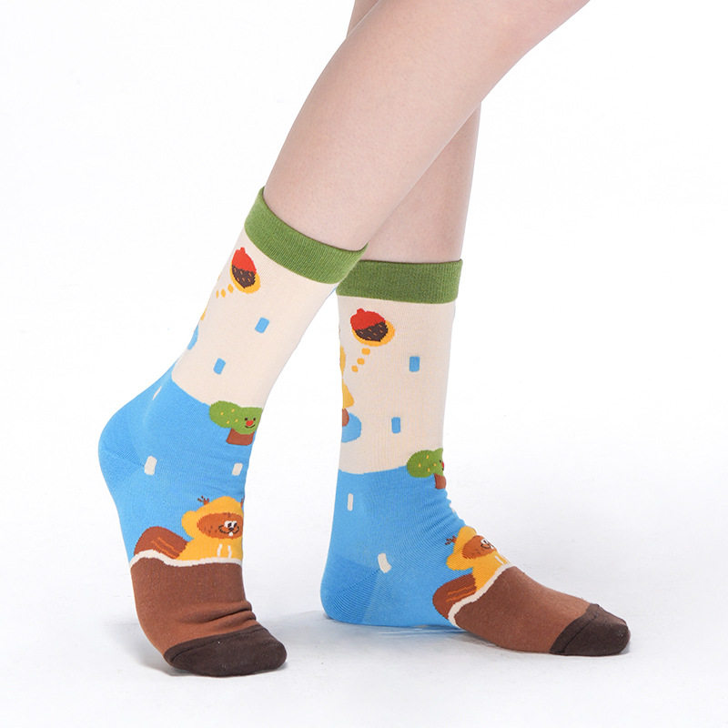 Brand Original Autumn and Winter Fashion Cartoon Little Squirrel Series Personality Socks Women Cute Illustration Tube Socks Cotton Socks