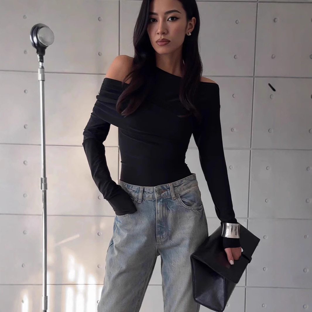 Slim Fit Long Sleeve Knit Top Solid Color Asymmetrical Neckline Versatile Style Spring Womens Fashion Wholesale