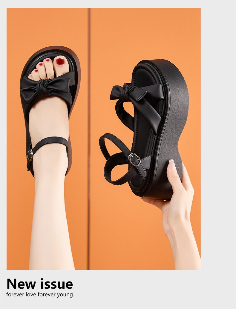 Dép sandal nữ xỏ ngón đế bệt phong cách hè nơ trang trí — Bạc, Đen chi tiết 12