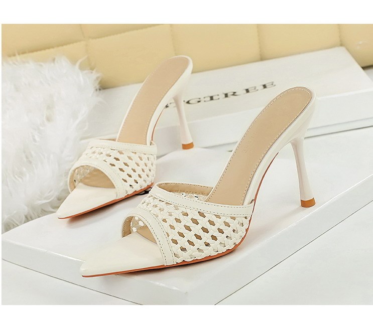 Sandal cao gót nữ mũi nhọn hở ngón quai dệt phối đồ thời trang — Màu bạc, Màu be, màu đen, Màu trắng