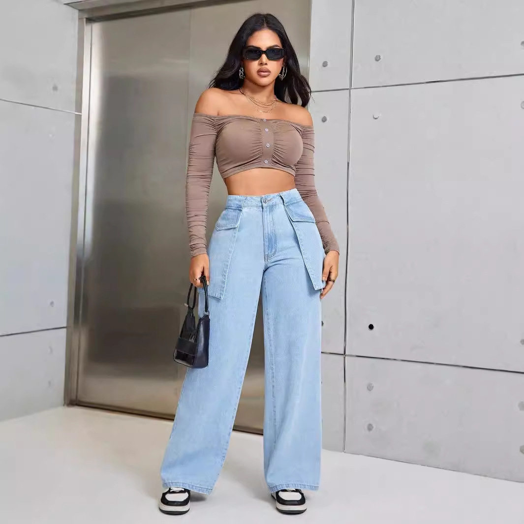 Wide Leg Denim Trousers Casual Style Large Pockets Comfortable Fit Womens Fashion for Everyday Wear Ready to Ship