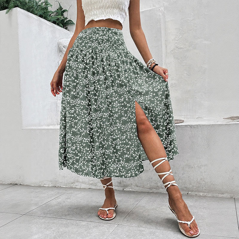 Summer Floral Midi Skirt Casual Fresh Style Blue Color Perfect for Vacation Wear Wholesale Available