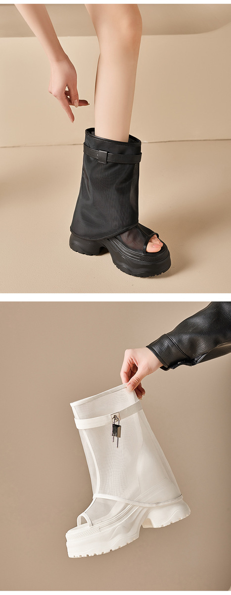 Boot nữ cổ trung lưới khoét hở phối da bò, đế dày tăng chiều cao — Đen có hình, màu đen, Màu nâu, Màu nâu có hình