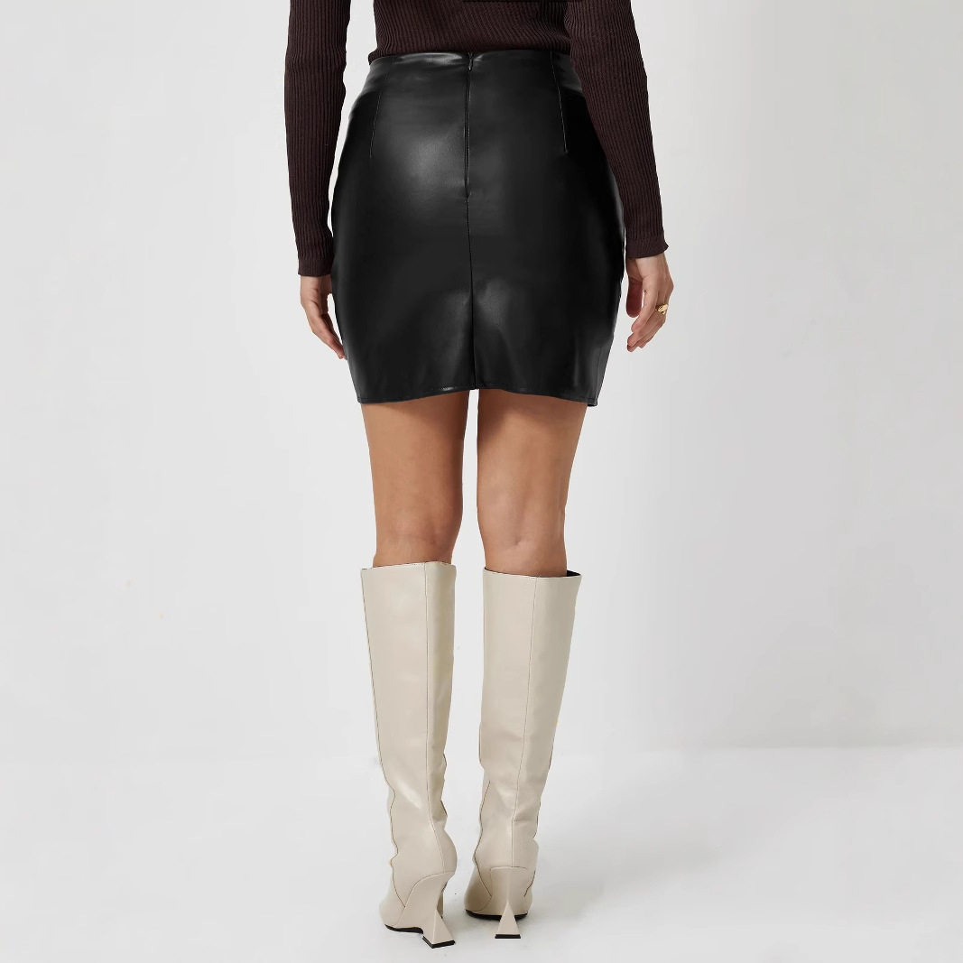 A Line PU Leather Dress Slim Fit Short Length Autumn Winter Style Ready to Ship Low MOQ bulk order