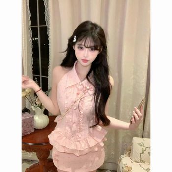 New Dopamine Sweet Style Suit with Ear-Shaped Waist and Short Top, High-Waisted Hip-Covering Short Skirt Two-Piece Set