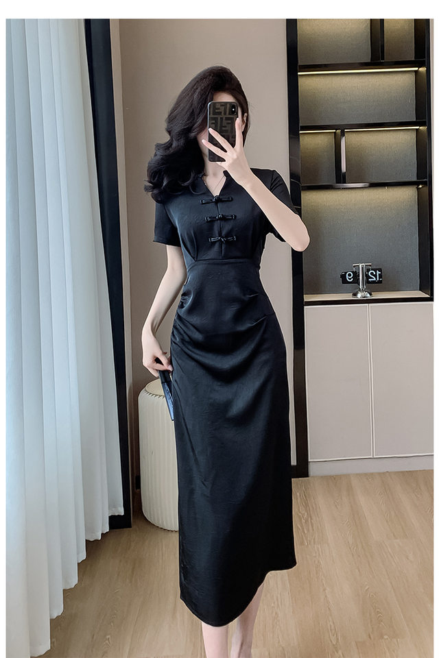 Váy Đầm Nữ Dáng Ôm Chiết Eo Phong Cách Trung Hoa Cổ Điển Màu Đen chi tiết 15