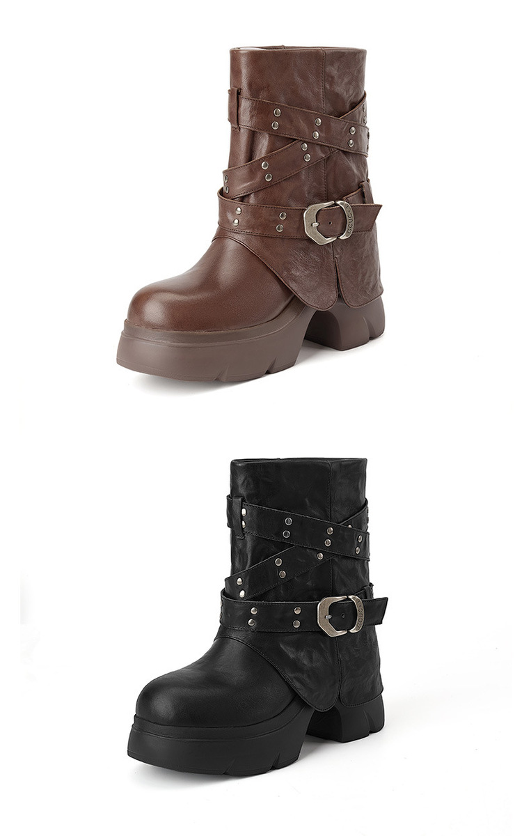 Boot Martin nữ cổ ngắn đế dày khóa thắt lưng gót thô đính đinh tán — Lớp lót đơn màu đen, Lớp lót đơn màu nâu, Lót nhung đen, Lót nhung màu nâu