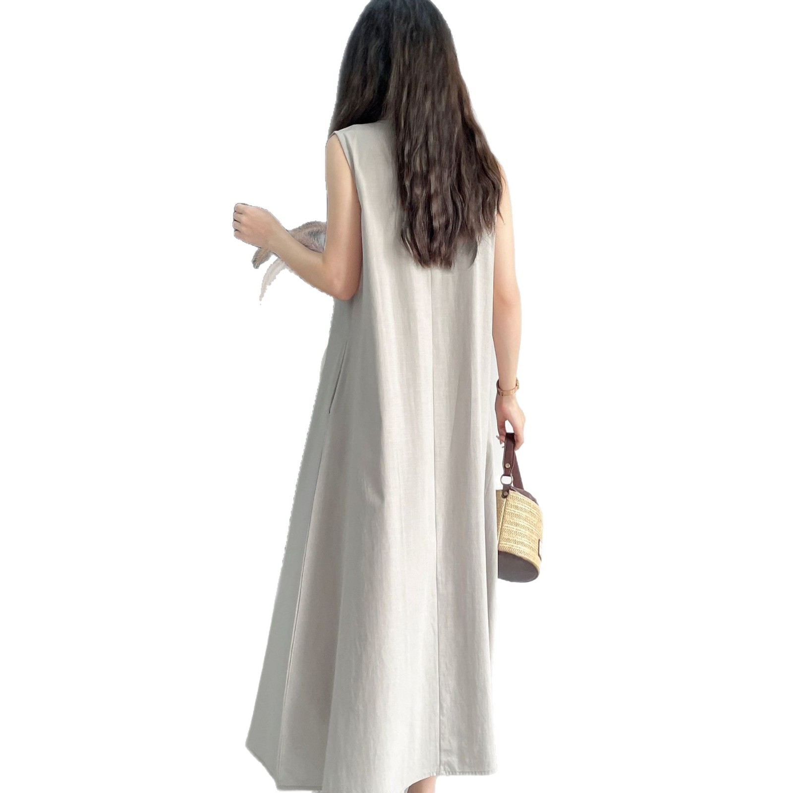 Summer Maxi Dress Loose Fit Round Neck Sleeveless Solid Color Casual Style for Everyday Wear Wholesale Available