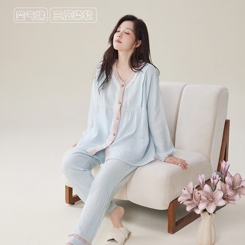 Pure Cotton Yuezi Suit Double-Layer Cotton Yarn Postpartum Pregnant Women's Nursing Suit Spring and Summer Sweat-Absorbing Breathable Maternal Nursing Home Suit Set