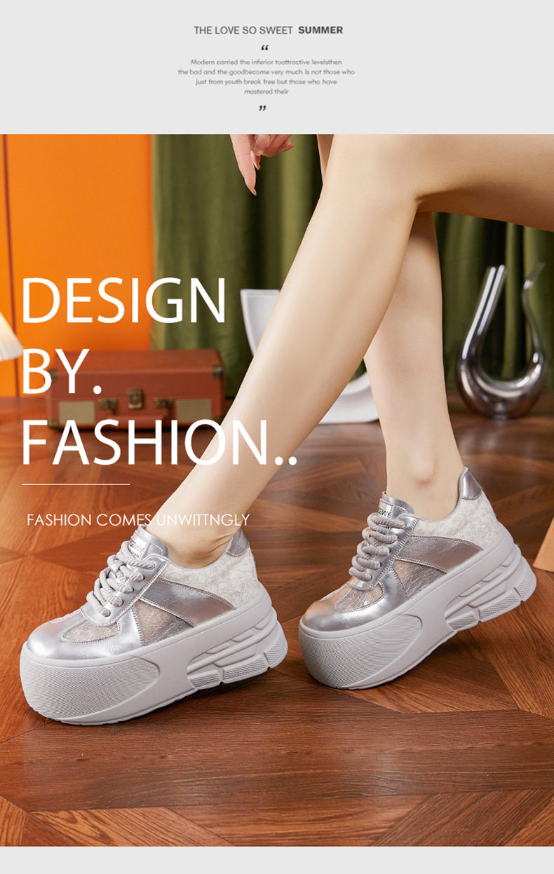 Giày sneaker nữ đế dày chunky lưới thoáng khí, tăng chiều cao, phong cách đa năng — Trắng, Bạc chi tiết 8