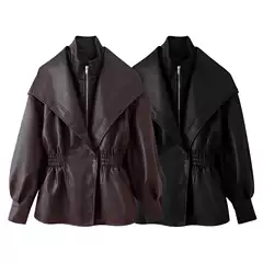 Foreign Trade 2026 Spring New Style European and American Style Women's Fashion Elegant Pure Color Lapel Waist-Cinching Leather Jacket