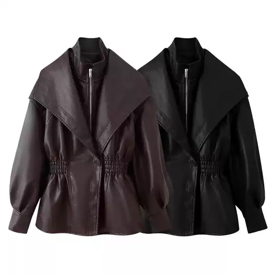 Foreign Trade 2026 Spring New Style European and American Style Women's Fashion Elegant Pure Color Lapel Waist-Cinching Leather Jacket
