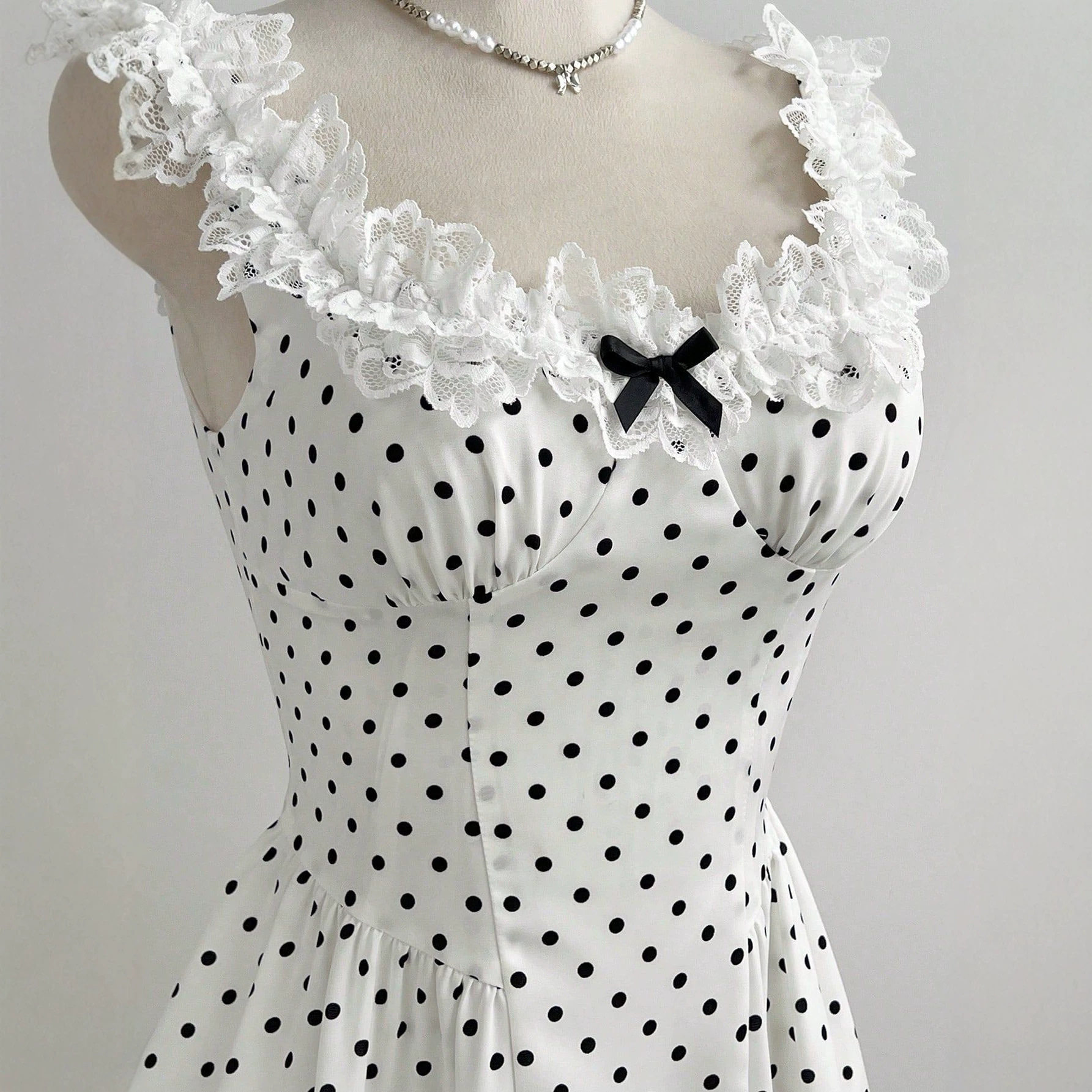 Mini A Line Dress Lace Trim Polka Dot Bow Detail Casual Wear for Women Ready to Ship fast shipping