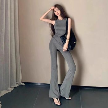 A Complete Set of Elegant Korean Style Fashionable New Slit Sleeveless Vest + Slim Fit Micro-Flared Pants Two-Piece Set