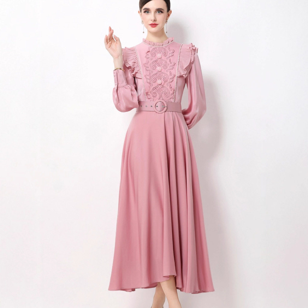 French Elegant Lace Panel Ruffled Hem Maxi Dress for Women Satin Fabric Waist Defining Flattering Fit Evening Wear