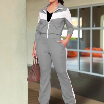 春秋爆款女士套装时尚舒适撞色运动风拉链外套和休闲长裤两件套