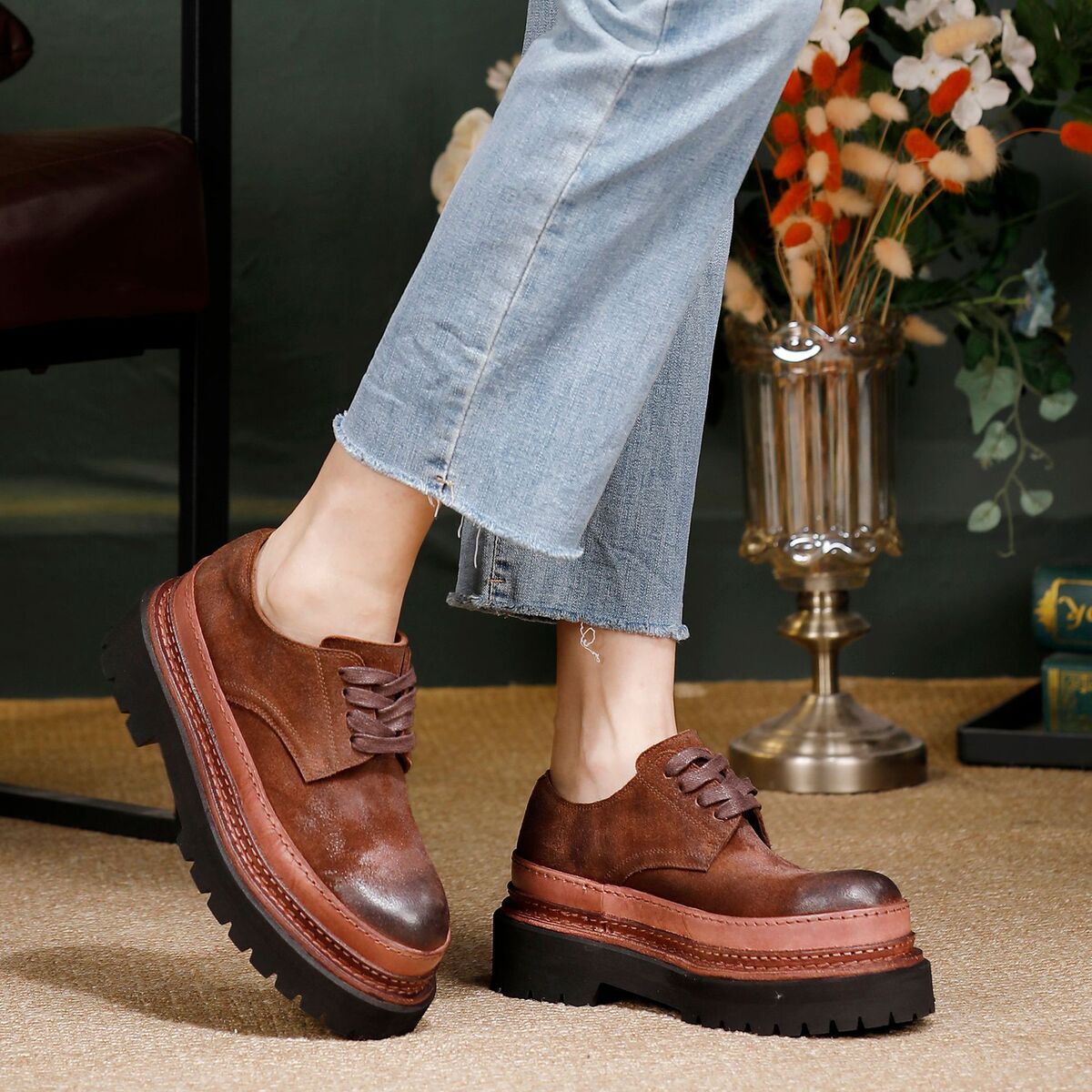Giày Derby nữ da bò cổ thấp buộc dây phong cách cổ điển — Màu cà phê, màu xám