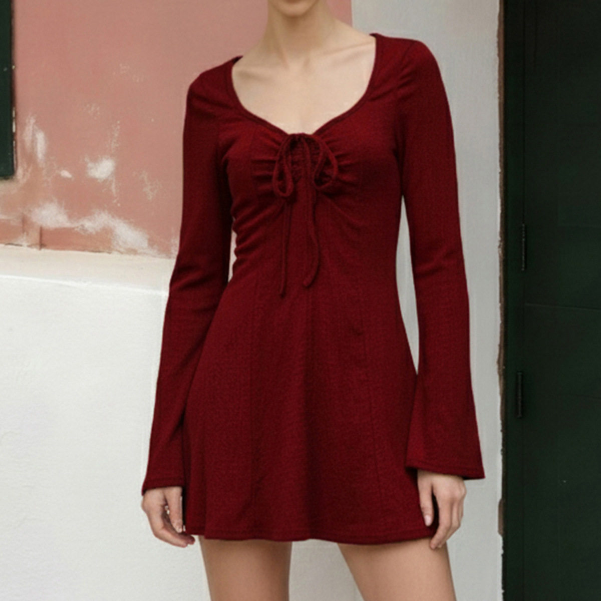Vintage Red V Neck Tie Waist Slim Fit Long Sleeve Dress Bell Sleeves Retro Style Perfect for Parties Wholesale