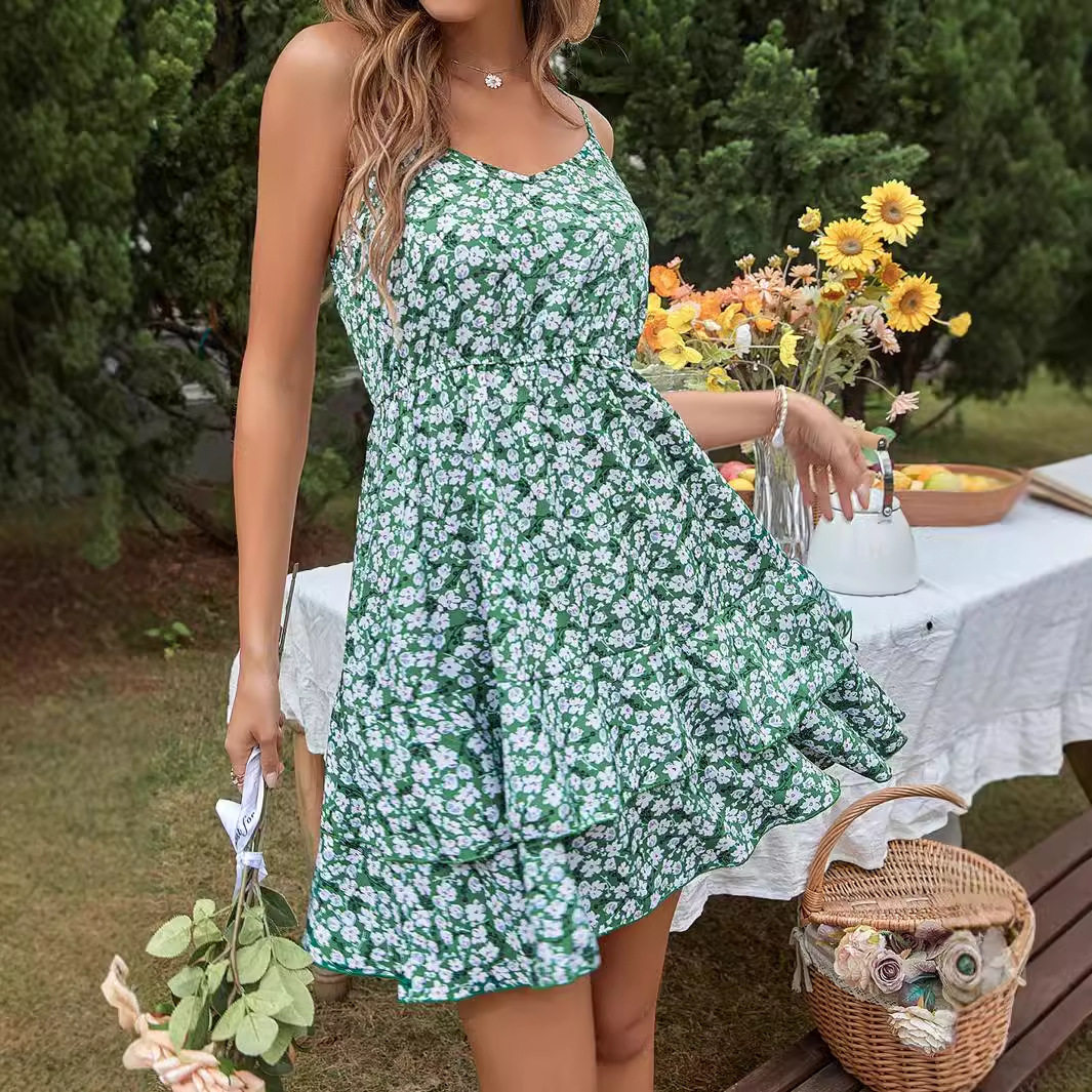 Floral Print Summer Dress Sweet Design Spaghetti Straps Vacation Style Available for Wholesale