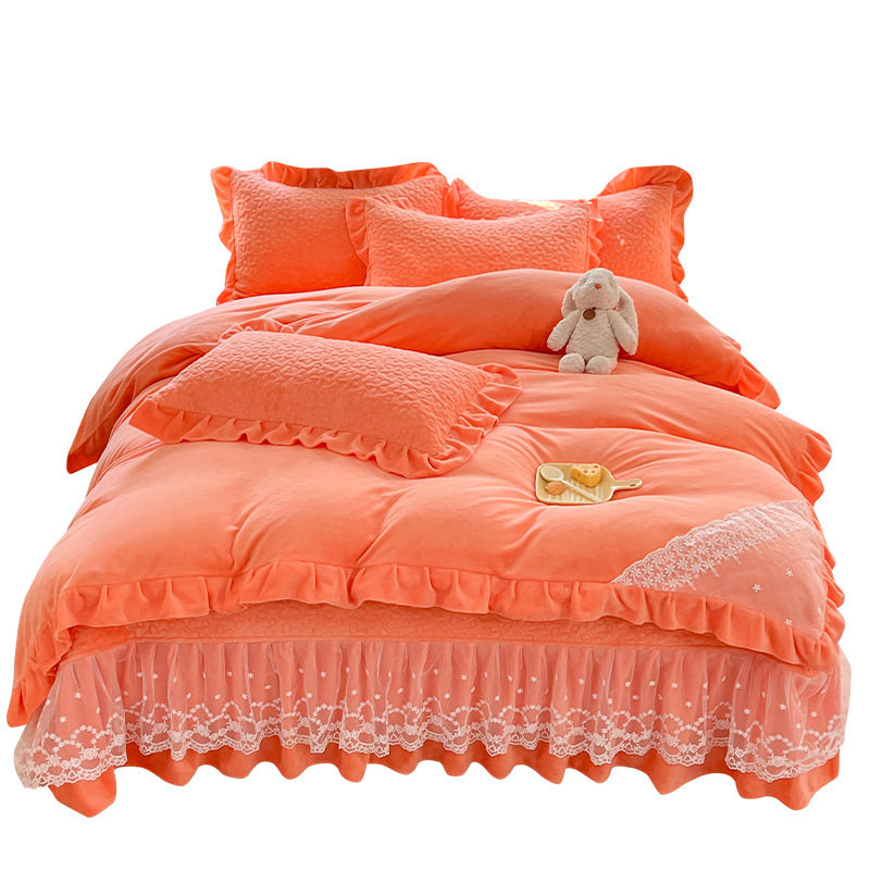 Double-Sided Milk Velvet Four-Piece Bed Set, New Single Bed Cover, Bed Skirt, Lace Winter Fleece-Lined Thickeneded Coral Velvet Quilt Cover