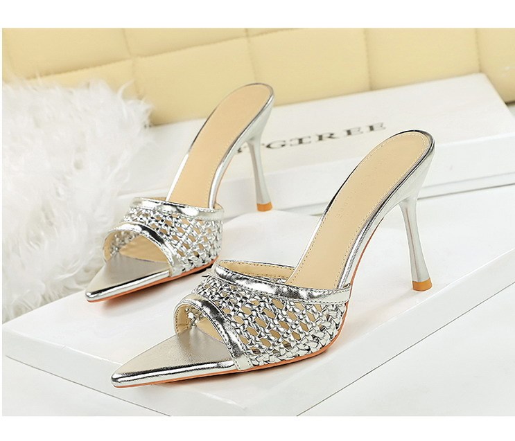 Sandal cao gót nữ mũi nhọn hở ngón quai dệt phối đồ thời trang — Màu bạc, Màu be, màu đen, Màu trắng