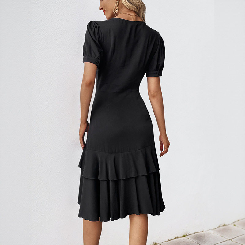 Elegant Vintage Puff Sleeve V Neck Dress Solid Color Waist Defined Summer Style Perfect for Dates and Special