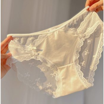 Pure Desire French Satin Hollow-Out Girly Lace Mesh Breathable Pure Cotton Crotch Girly Style Triangle Panties Sexy Ice Silk
