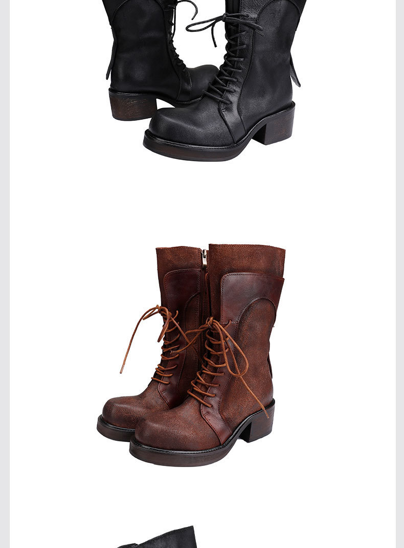 Boot Martin nữ da bò thật cổ trung, khóa kéo bên, gót vuông — Màu cà phê, Màu đen