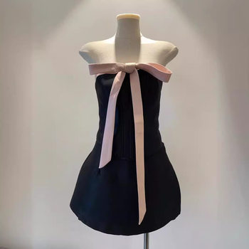 in stock Vietnamese Niche Design Pink Bow Tie Black Strapless Top Flesh-Covering Slimming Skirt Two-Piece Set