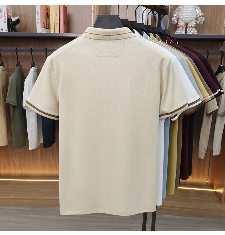 Áo polo nam tay ngắn cotton lưới co giãn thoáng khí chống nhăn — Màu đỏ táo tàu, màu đen, Mễ Hạnh, Xanh tím than