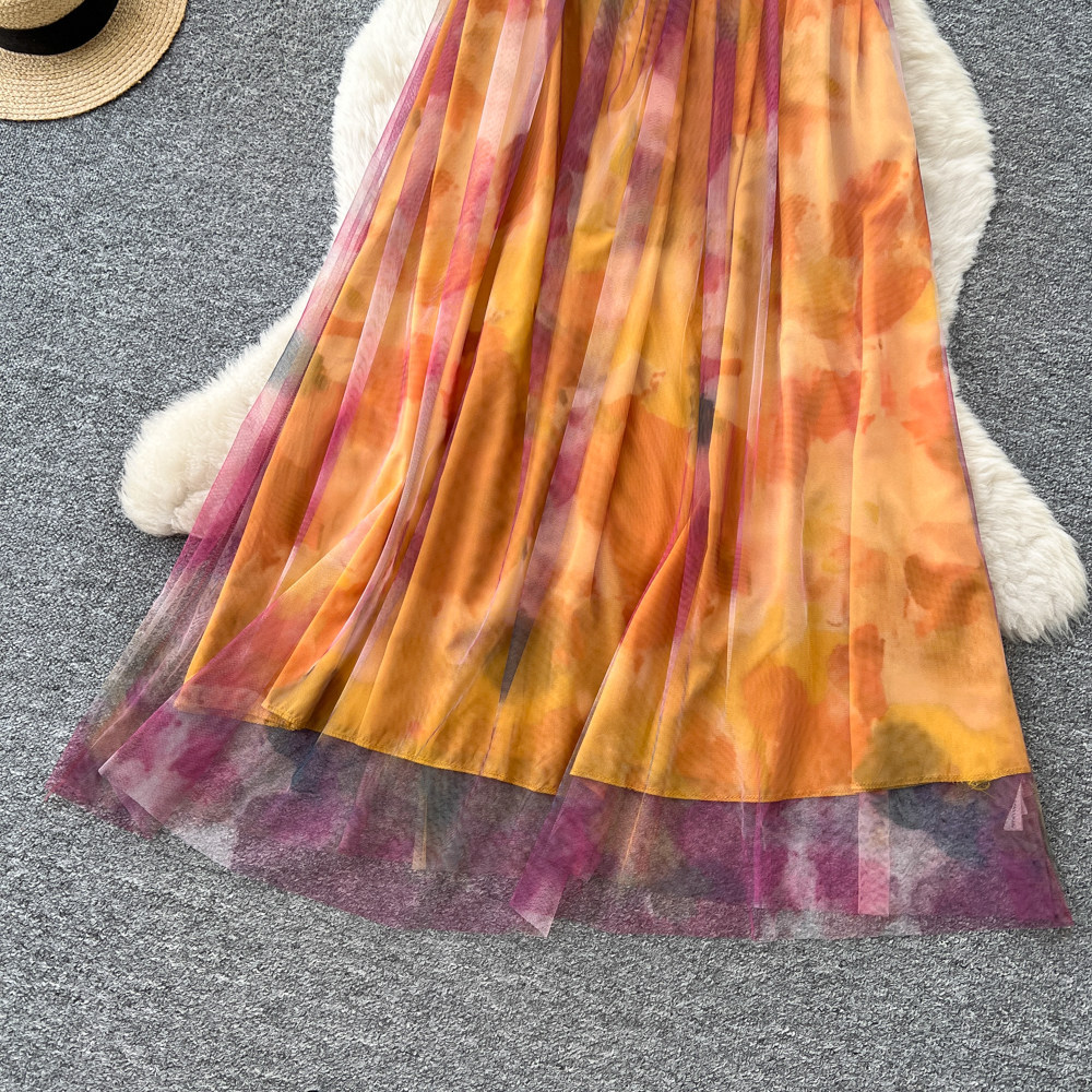 Summer Vacation Tie Dye Maxi Dress for Women V Neck Waist Cut Out Sheer Mesh Elegant Style Perfect for Beach or