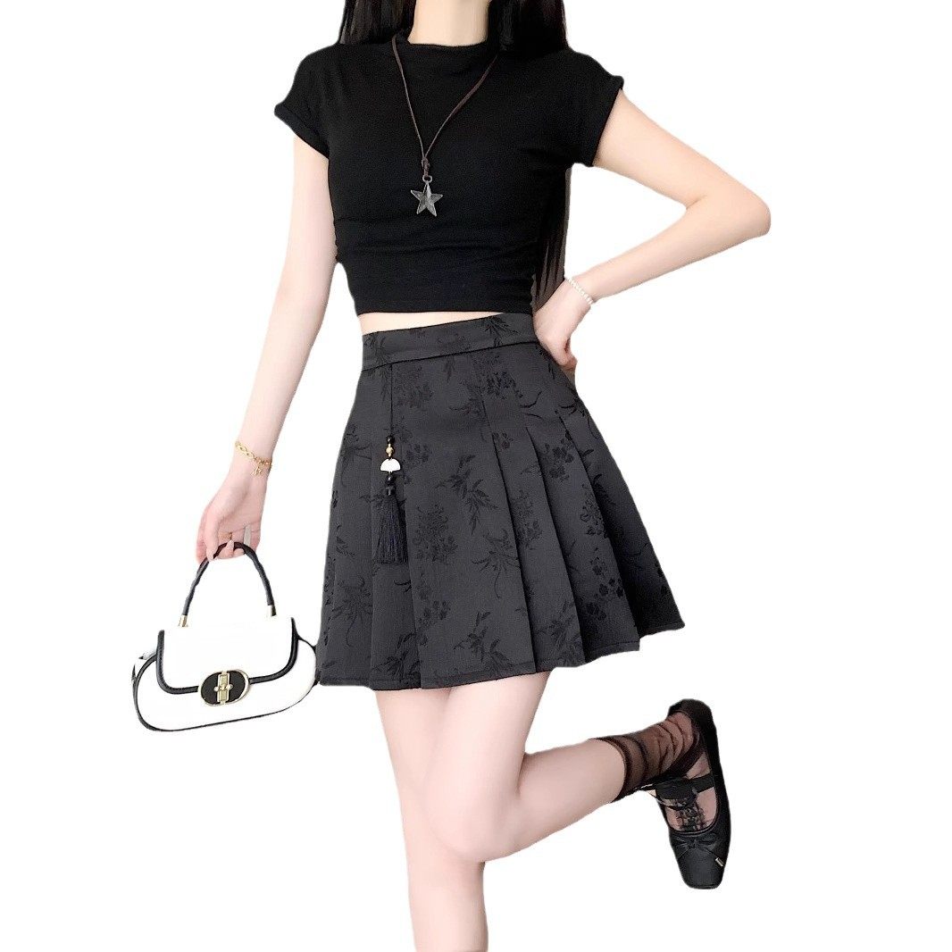 Chinese-Style Jacquard Pleated Skirt, A-Line Skirt for Petite Women, Slimming Short Skirt, Elegant High-Waisted Skirt