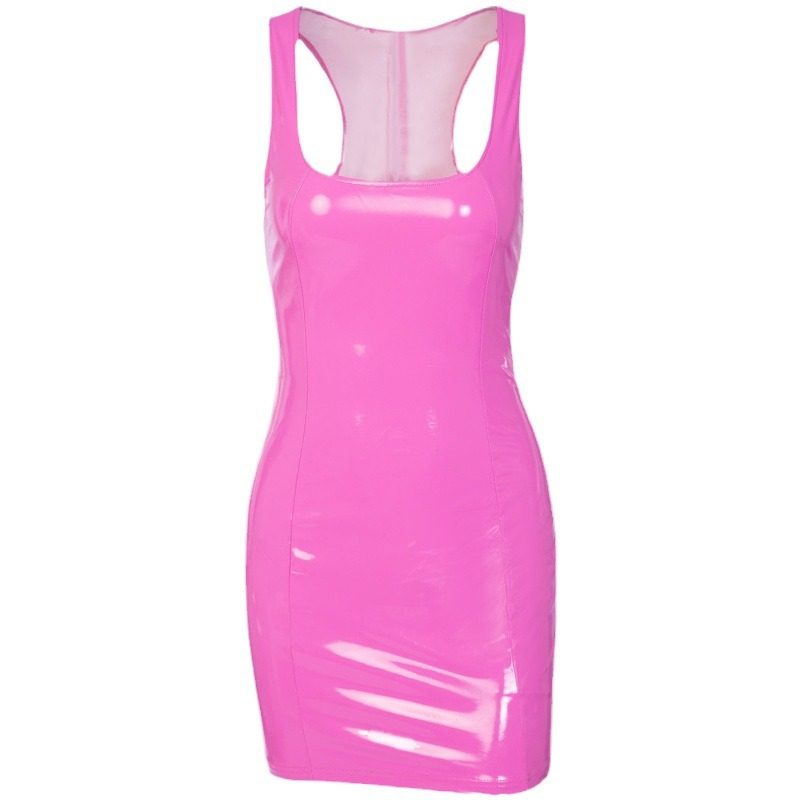 欧美风PU皮纯色吊带连衣裙女紧身皮裙性感无袖皮革辣妹包臀裙短裙