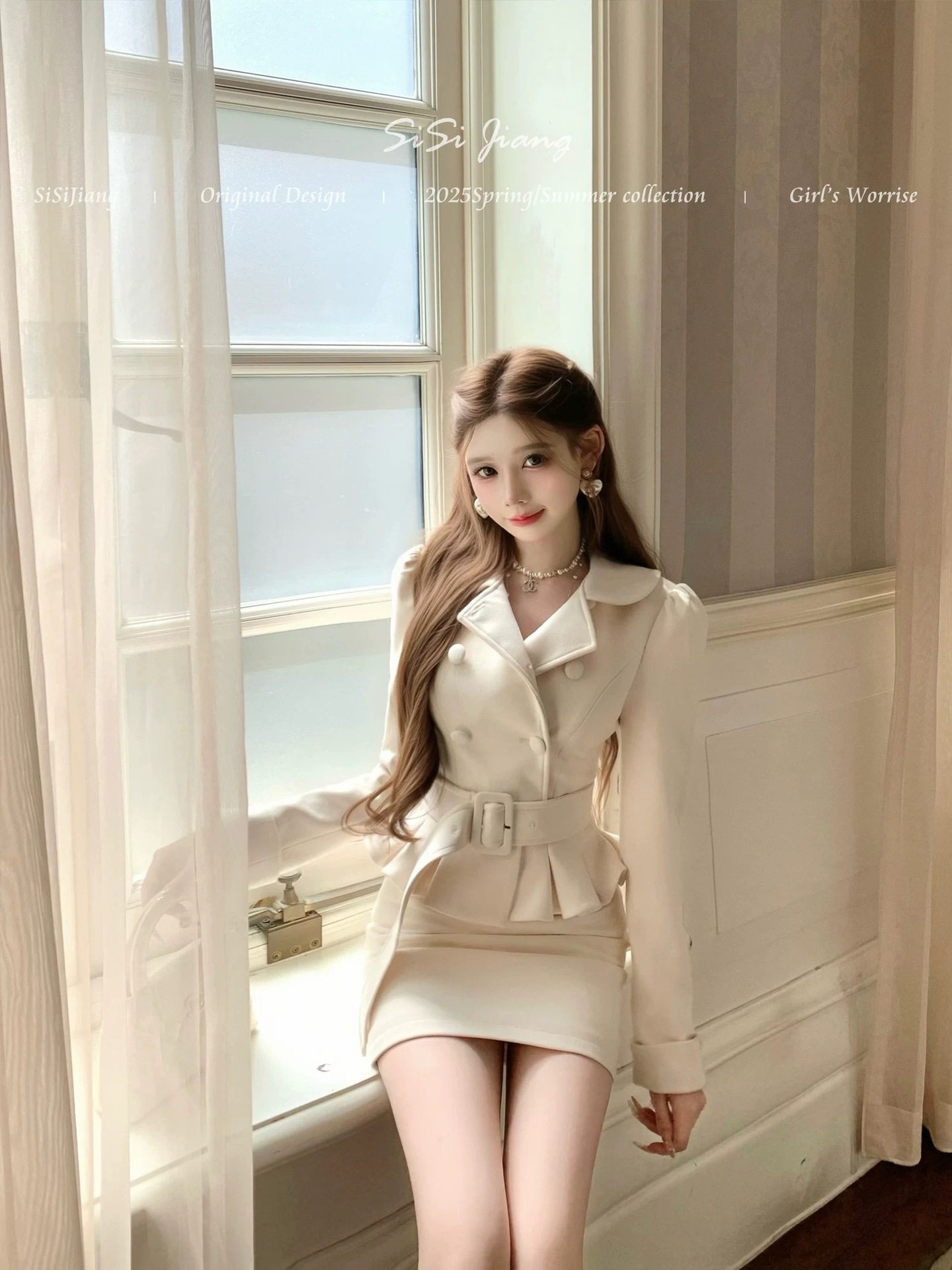 Free Belt, Small Fragrant Lapel, Double-Breasted Waist-Cinching Thickeneded Woolen Jacket + Hip-Covering Short Skirt Two-Piece Set for Women in Autumn and Winter