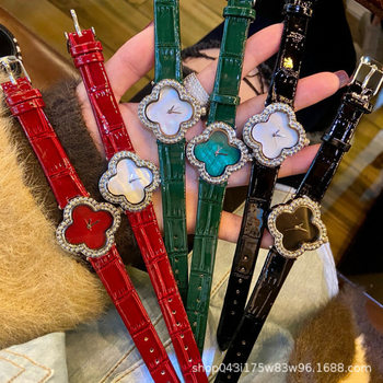 New Fahia Fashion Versatile Women's Four-Leaf Clover Lucky Series Mother-Of-Pearl Dial Two-Hand Leather Strap Quartz Women's Watch Wholesale