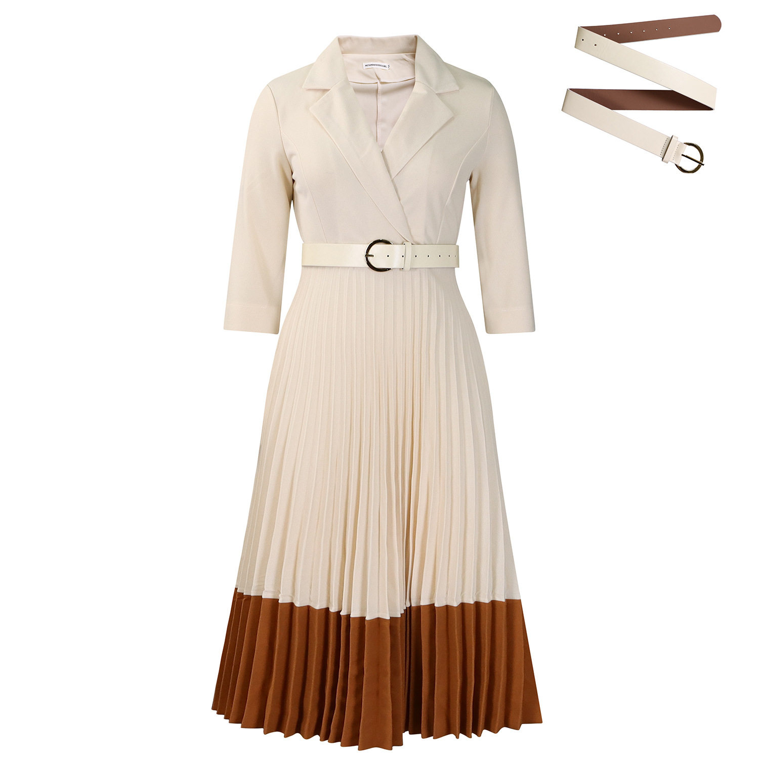 Elegant Color Block African Dress Spring Fashion Suit Collar High Waist Pleated Design Perfect for Office Wear