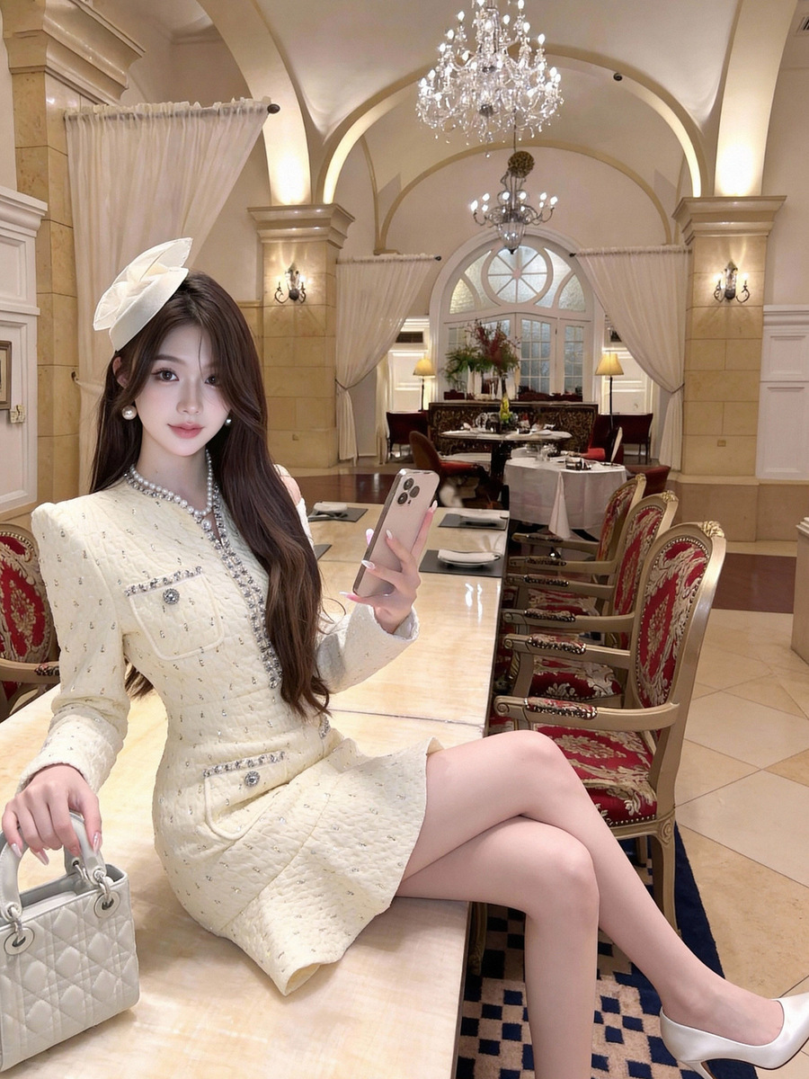 Đầm đuôi cá ôm dáng cổ chữ V đính đá công phu — Màu be