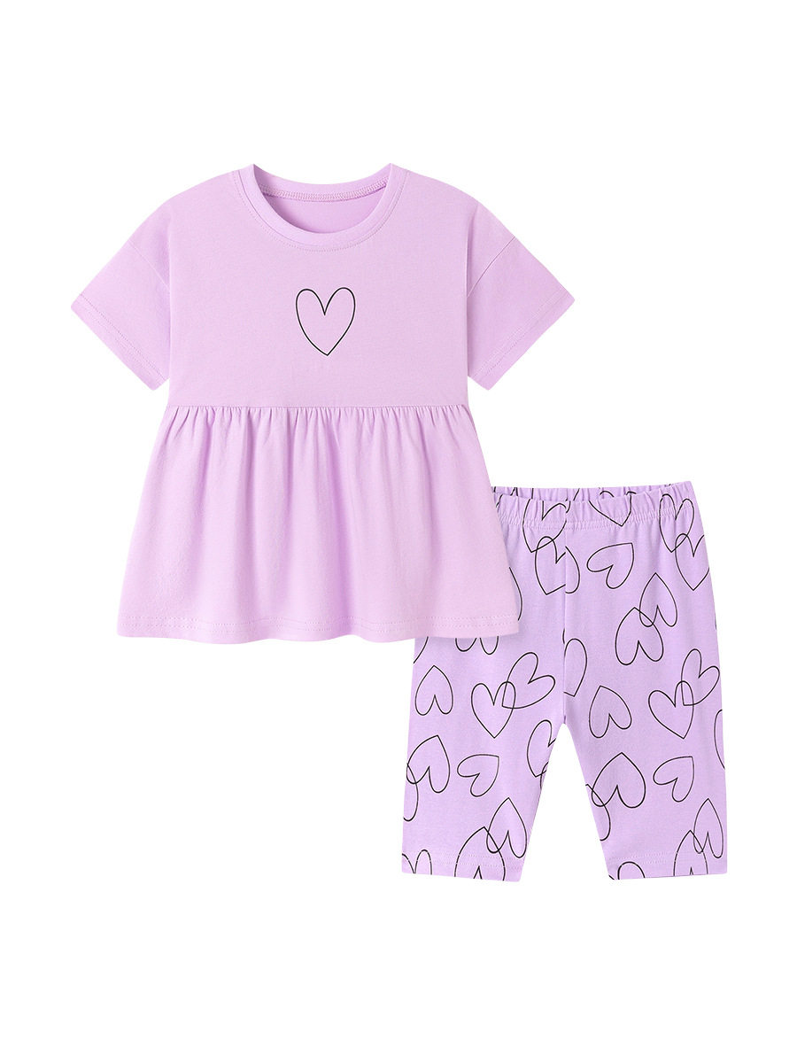 Girls' Short-Sleeve Set Wholesale, Summer Kids' Outfit, Cute Heart Baby Wear